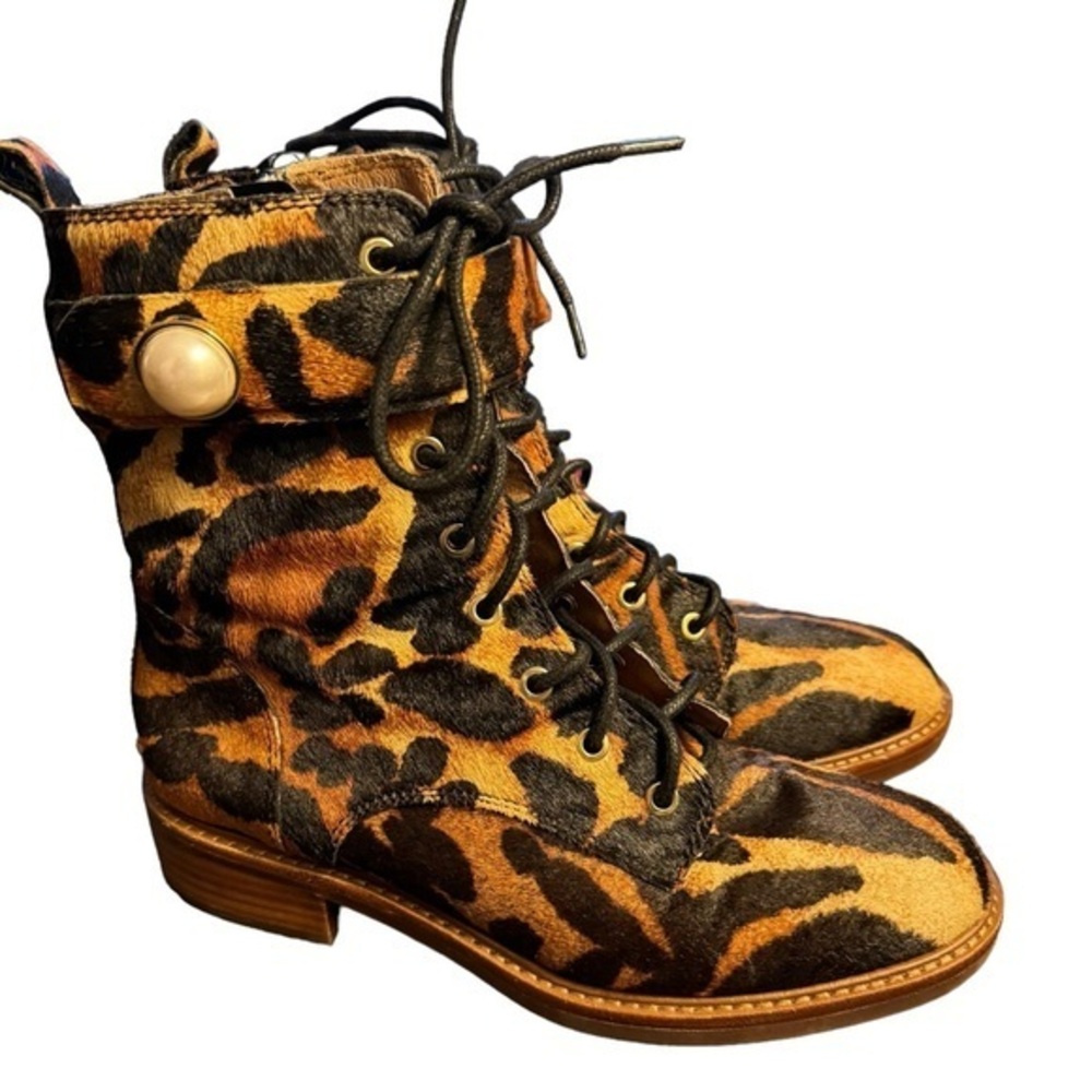 Louise et Cie Leopard Print leather calf hair Combat Boot with Pearl size 6